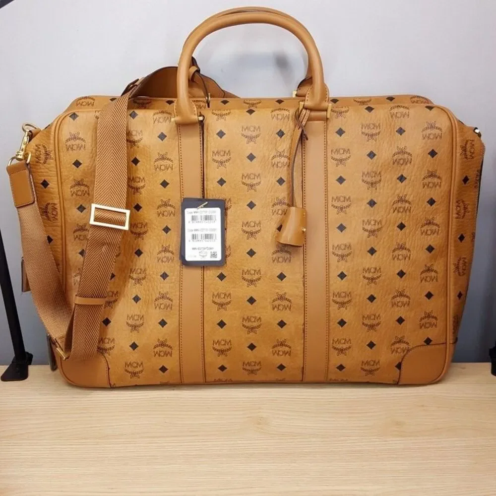 MCM Ottomar Suitcase in Visetos Tan Cognac Leather Weekender Monogram Logo $1390